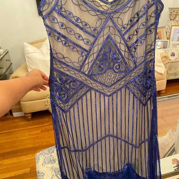 Daisy Blue beaded Dress Midi Length V-Neck - Picture 3 of 6